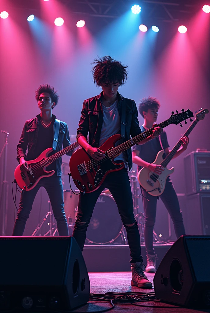 A band with 3 boys as a vocalist with bass, guitarist and drummer