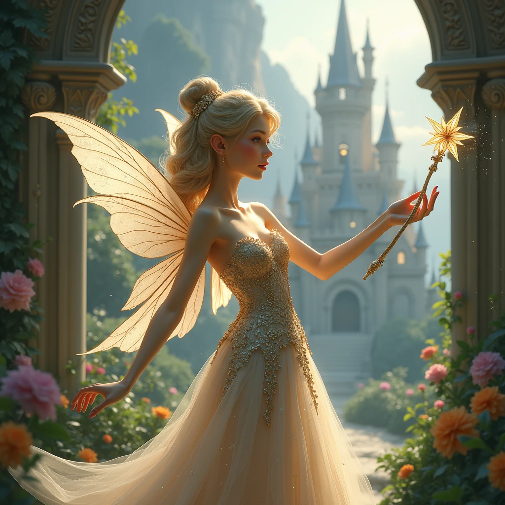 fairy with gala dress, magic wand, enchanted castle