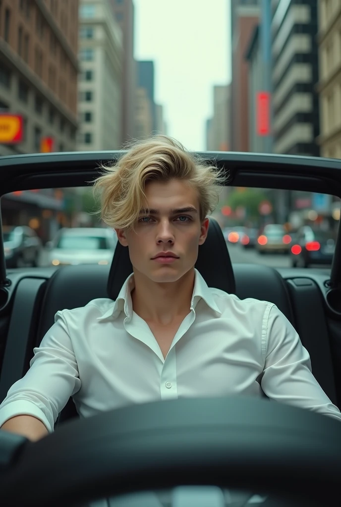 A young man. His face is white skin, blonde hair is messy, eyes with heterochromia. Driving his black Audi through the streets of New York. There is only one person in the car and it is him. Dressed in an elegant white shirt. All this is seen from a distance