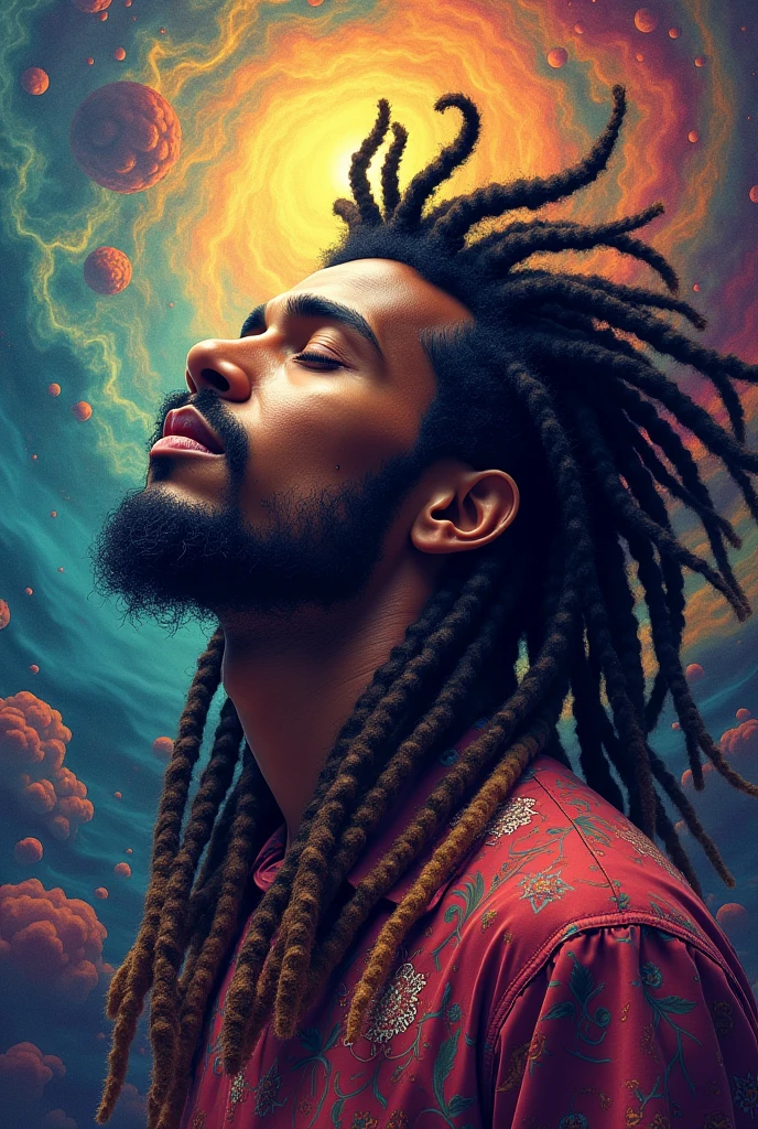 psychedelic wallpaper with a man with dreadlocks hairstyle