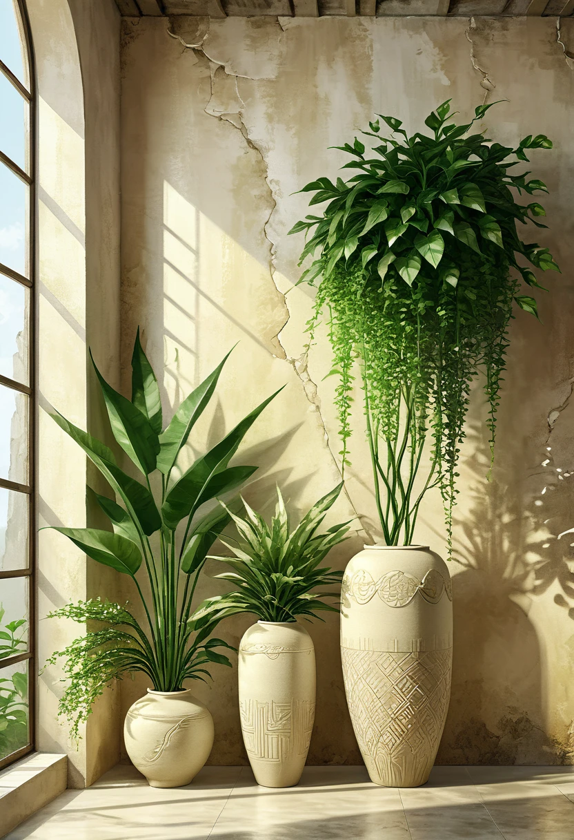 There are multiple textured matte beige ceramics of different heights and shapes in front of the sunny wall in the fresh morning (master art work)There is a green plant on it. Jianfu style art style high resolution image. Surreal texture high resolution., Digital painting, Delicate