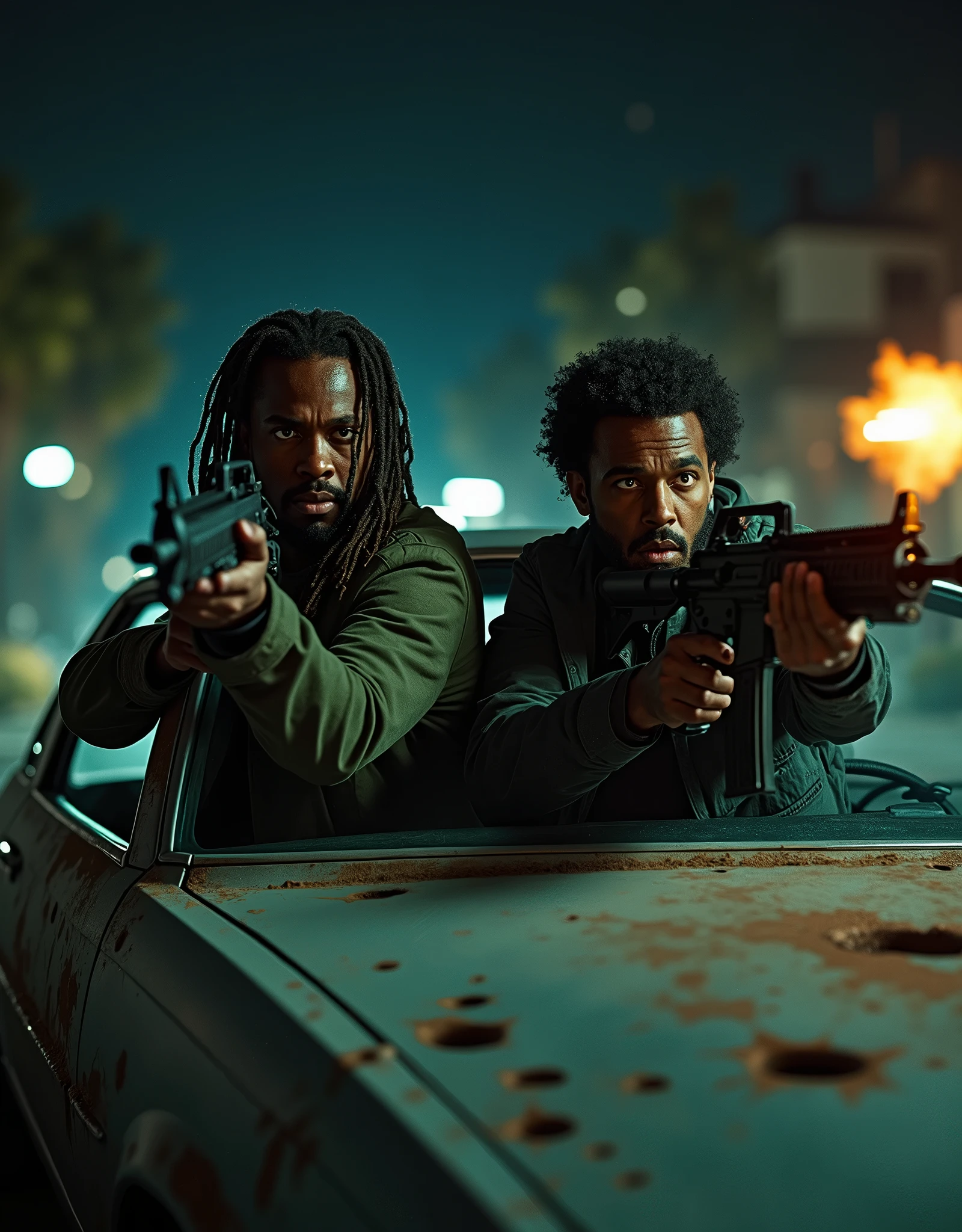 Two Jamaican drug dealers firing assault rifles, hiding behind a bullet-hole-ridden car, sedan, Los Angeles, abandoned street, perspective, nighttime, danger atmosphere, intense, cinematic, fix hands