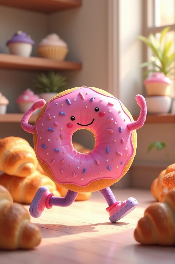 A donut, pink and purple color, exercising between sweet breads