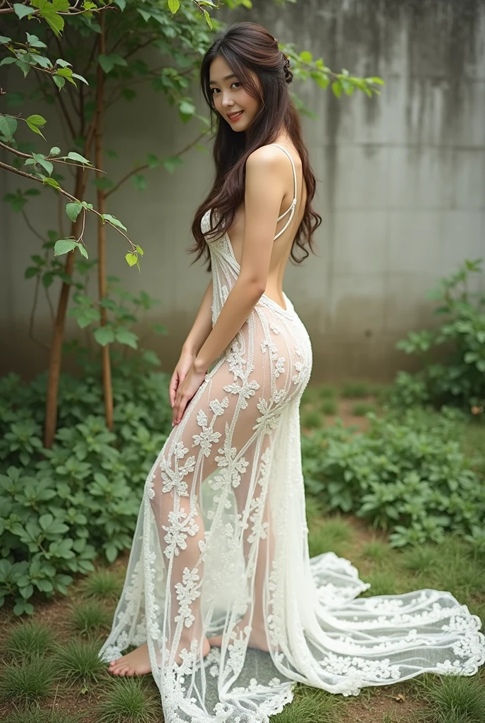 (Highest quality:1.4),(masterpiece:1.4),(Realistic:1.4),(Realistic:1.2),(超High resolution, RAW Photos:1.4),(High resolution, Very detailed:1.2),(8k:1.2),photograph,(Shot from behind:1.3)、Korean women、brown hair photos,One Woman,alone,(In underwear),Very large breasts,((Thigh to head shot:1.3))、(((topless、You can see her large breasts from the side.)))、((Toothy smile))、((Very large breasts:1.4))、Realistic skin textures、Slightly freckled、Slender figure、Realistic skin textures、((background,Concrete wall:1.3)),(topless,The breast is visible from the side:1.6),(Long lace slip,White)、3 woman、The angle at which the nipple is not visible、((Updo long hairstyle))、((Black,Long lace slip:1.4))、Correct toes、Detailed facial features、Long slip covers the buttocks and soles of the feet、Long slip covers your butt、