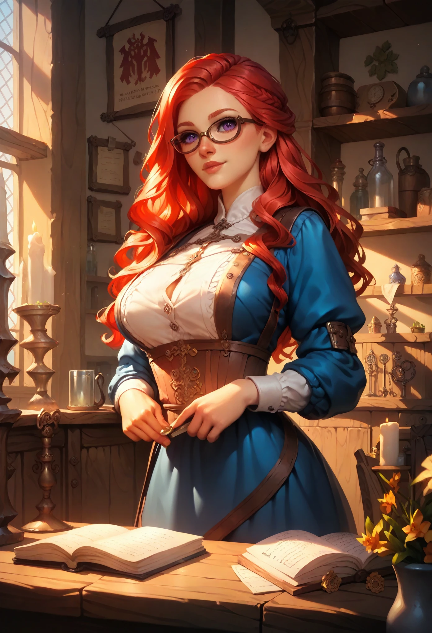 Guild girl, receptionist, ((medieval fantasy)), (another world), , red hair, wavy long hair, purple eyes, glasses, big breasts, receptionist uniform, blue and white uniform, calm atmosphere, reception counter ,analog,