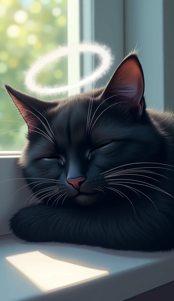 Close-up of a black cat sleeping on a windowsill,blue eyes, Angel Halo, High resolution, Illustration of movement, Background blur, Reality, Soft Light, Character Design, Anime Style,