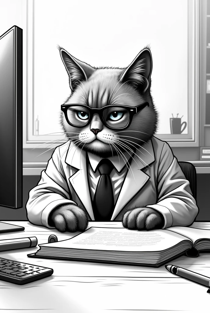 create a cat with glasses,  that I&#39;m writing on a computer for a comic that is in black and white and looks more serious, is teacher, 
