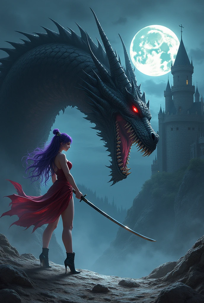 An elegant and refined woman with green Asian eyes, perky breasts, thin waist and wide hips, purple hair. fully body, high heel boots. holding a katana sword. realisitic. In the background a medieval castle. Fighting a black and gray colored dragon, very angry and bad. The dragon must be black and gray in color., at night only the new moon. Attention the dragon is black and gray.