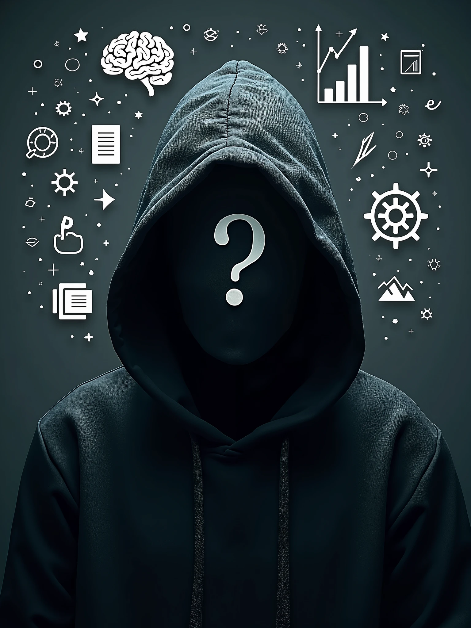 profile picture for my YouTube channel. Character representing intelligence, wisdom and mystery. Face not visible, hidden by a mask with a "?" logo.
Add graphic elements like brain icons, books, gears, or growth charts to symbolize ideas, strategy, and success. In a realistic style