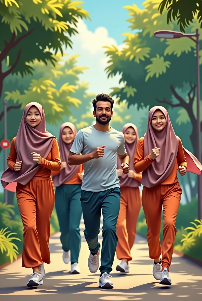 create me a picture of a handsome 4 Melaka man in track pants jogging accompanied by four beautiful Malay women wearing Hijabista veils aged between 30 and 40 years old