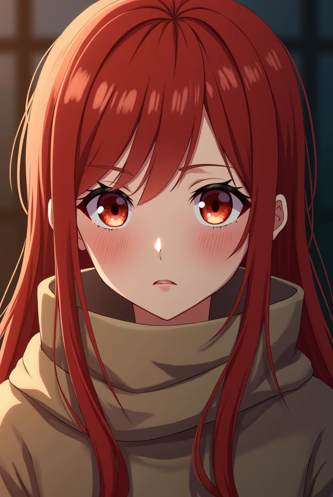 an anime girl, redhead with smooth, soft forehead and bright red eyes,with a serious look,with warm clothes