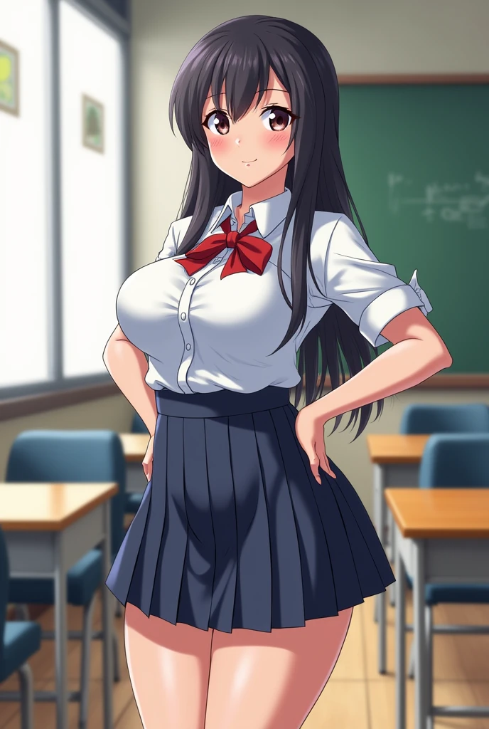 Meiko Shiraki animé huge breast, school uniform, classroom, full body,