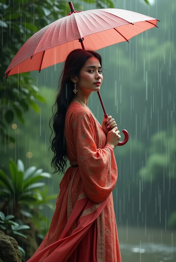 Lady under the rain in Nepali kurtha suruwal with umbrella 