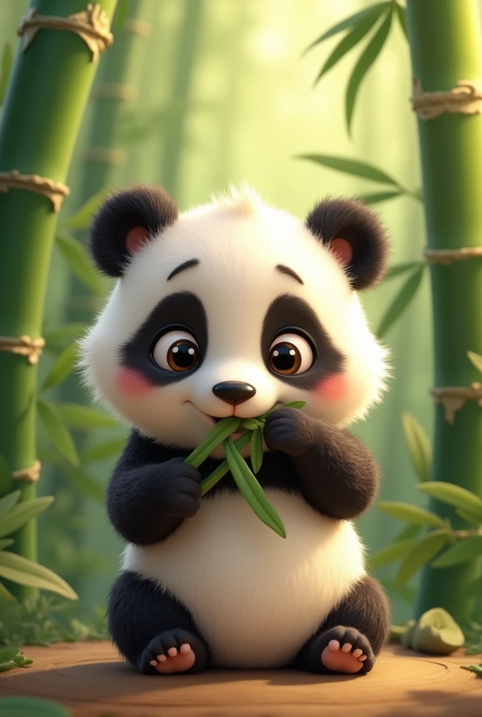 I need you to design me an animated image of a cute baby panda biting a bamboo branch