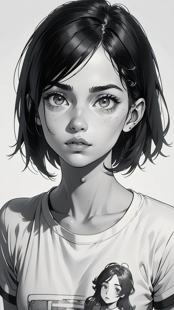 1 boyish girl, solo, sharp eyes, monochrome, greyscale, short black hair, portrait, white T-shirt, Thin eyebrows, closed mouth, looking at viewer, graphite \(medium\), detailed lips, hatching \(texture\), without makeup, bangs, upper body, (best illustration), (best quality), (very detailed), (masterpiece), expressionless,