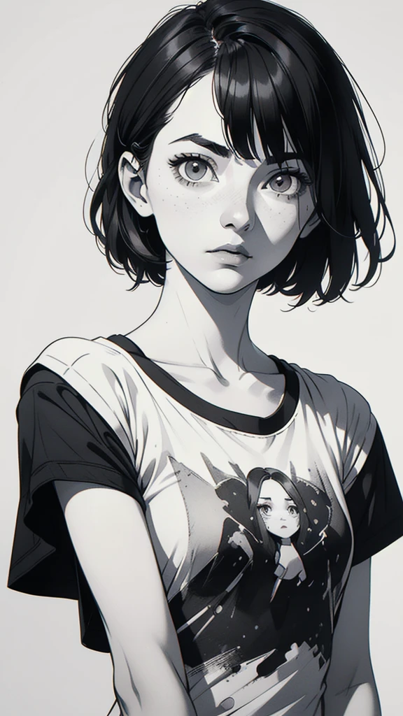 1 boyish girl, solo, sharp eyes, monochrome, greyscale, short black hair, portrait, white T-shirt, Thin eyebrows, closed mouth, looking at viewer, graphite \(medium\), detailed lips, hatching \(texture\), without makeup, bangs, upper body, (best illustration), (best quality), (very detailed), (masterpiece), expressionless,