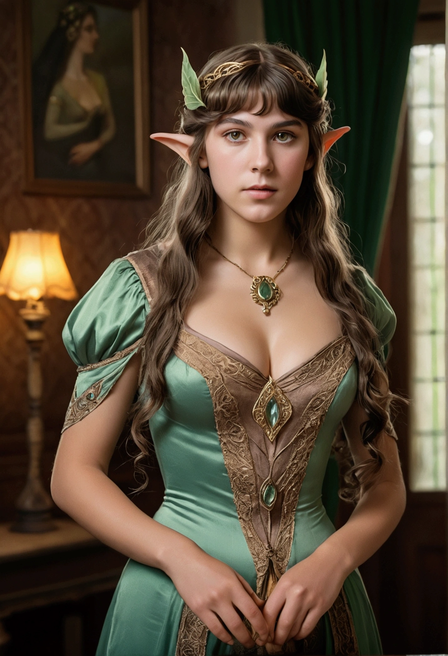 1910s analog film photograph, colorized photo of an elven maiden, 18-years-old, amazonian stature, thick-fit hourglass figure, busty breasts, toned, athletic, wearing a victorian traveling dress, warm almond complexion, pointy elf ears, amber eyes, dark brunette hair, thick curly bangs, resembles Mary Elizabeth Winstead, standing in a manor drawing room, RAW Photograph, dslr, soft lighting, high quality, film grain, Fujifilm XT3, detailed skin with visible pores, insane details, masterpiece, 8k, 35mm photograph, faded film, desaturated, grainy, vintage, Lomography, stained, highly detailed, found footage, long elven ears