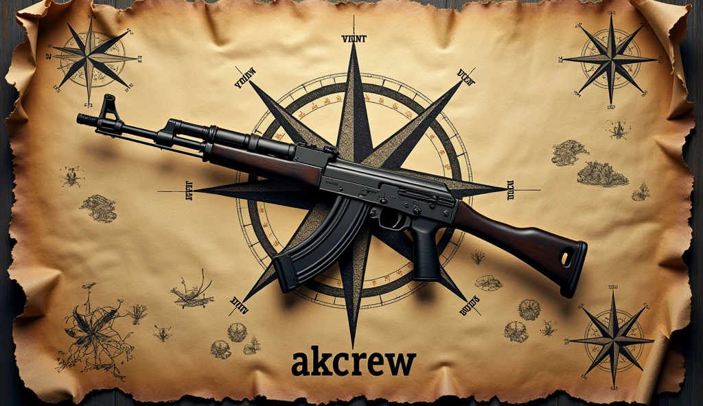 Create an image in the colors of an old pirate map with a compass rose, an ak47 on top of the compass rose "AKCREW" below keep everything in the same old map color