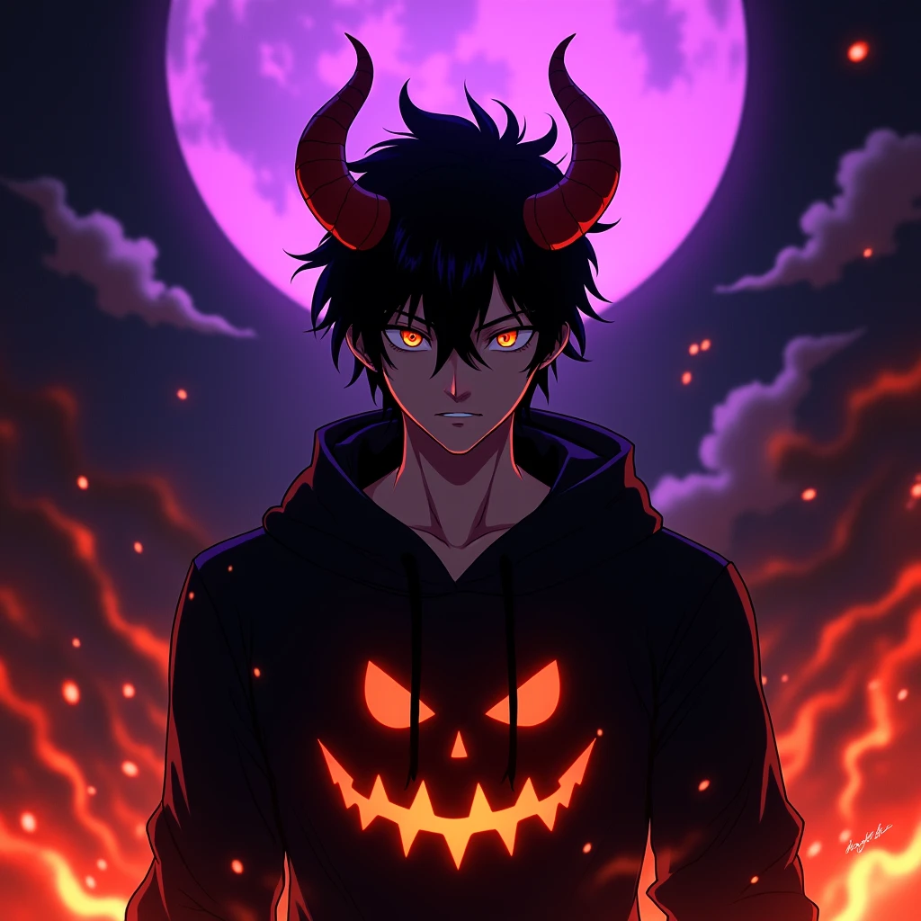 High resolution, Highest quality, masterpiece, Attention to detail, Black Hair, Portraiture, Horns of the beast,The surroundings are on fire,male,Anime Style,Jack O&#39;Lantern Black Hoodie&#39;-Lantern design,The purple full moon is shining,The word HAGUKIX written at the bottom