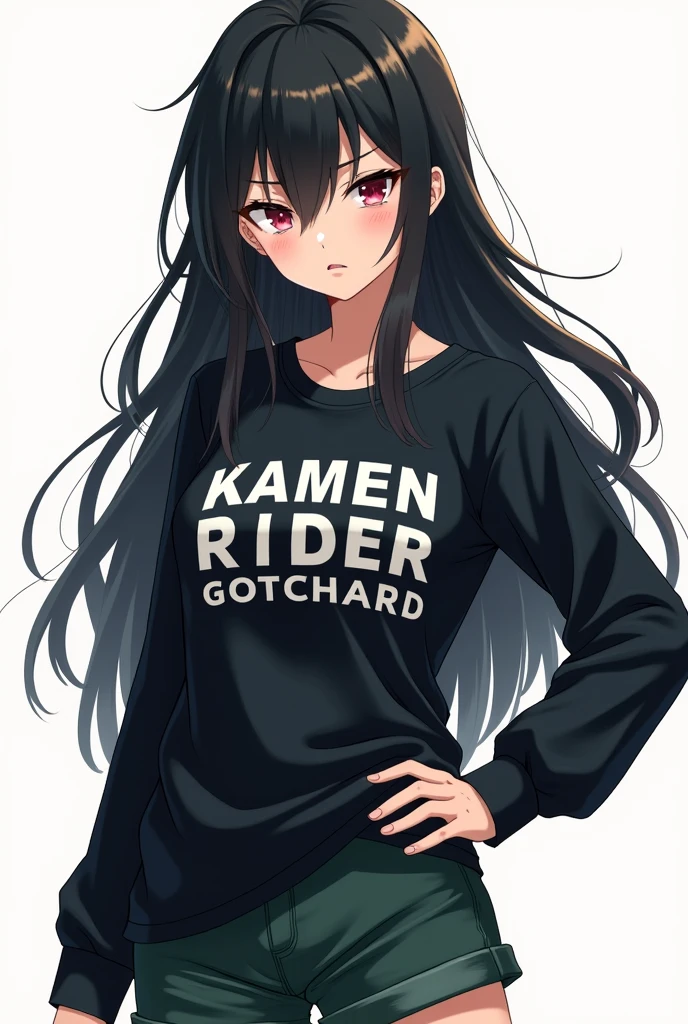 1 Japanese woman,Age 16,long black hair,Black long-sleeved shirt with the words Kamen Rider Gotchard written on it. ,Dark green shorts,half body,Cool anime
