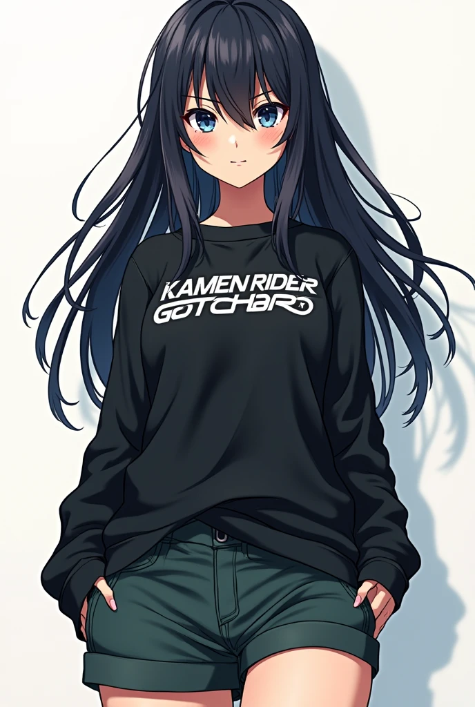 1 Japanese woman,Age 16,long black hair,Black long-sleeved shirt with the words Kamen Rider Gotchard written on it. ,Dark green shorts,half body,Cool anime