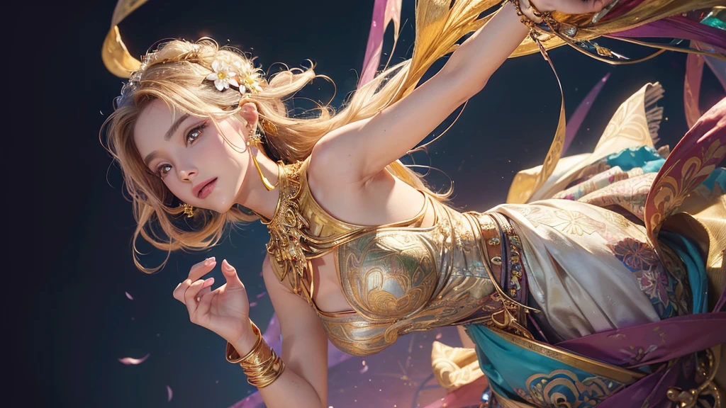 32K, 最高quality, 最高masterpiece, (ultra-Detailed Background, Detailed Background), High resolution, Super detailed, Very detailedな, 1 personの, (bouquet:1.3), (Tangled:1.2), (Geometric:1.2),(colorful),(masterpiece, quality, best quality, Official Art, Beautiful and beautiful:1.2), (1 person:1.3), Very detailed,(colorful:1.1)(Flowers:1.3),Most detailed,(Tangled:1.2), whole body, (Abstract background:1.3), (Skin glows), (Many colors:1.4), ,(Earrings Jewelry:1.5), Gradient Background, Beautiful and sparkling background, It's imaginative., Flaxen Hair,