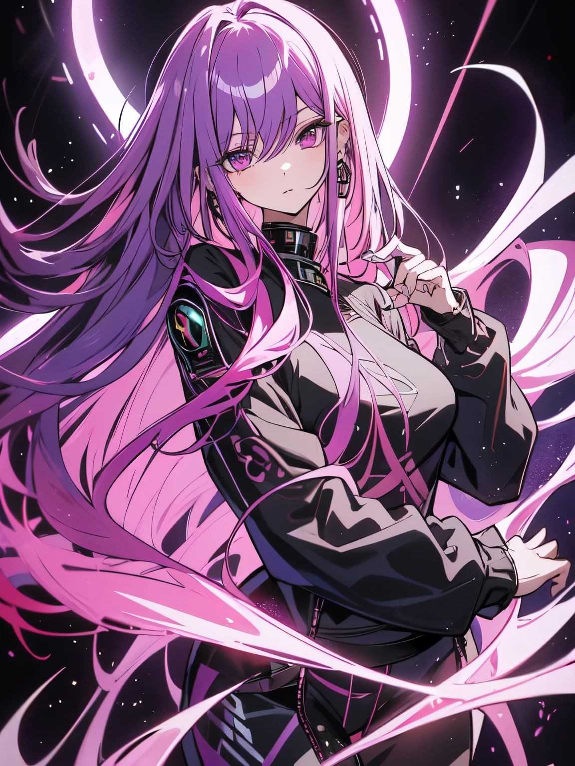 masterpiece, best quality, slenderness, pink color eyes, purple hair, From anime《code geass》, long hair, full body, purple and black tight combat suit, purple and black humanoid mech background, cyber punk, giant mech, futuristic city, code geass style, code geass anime, perfect face, detailed face,