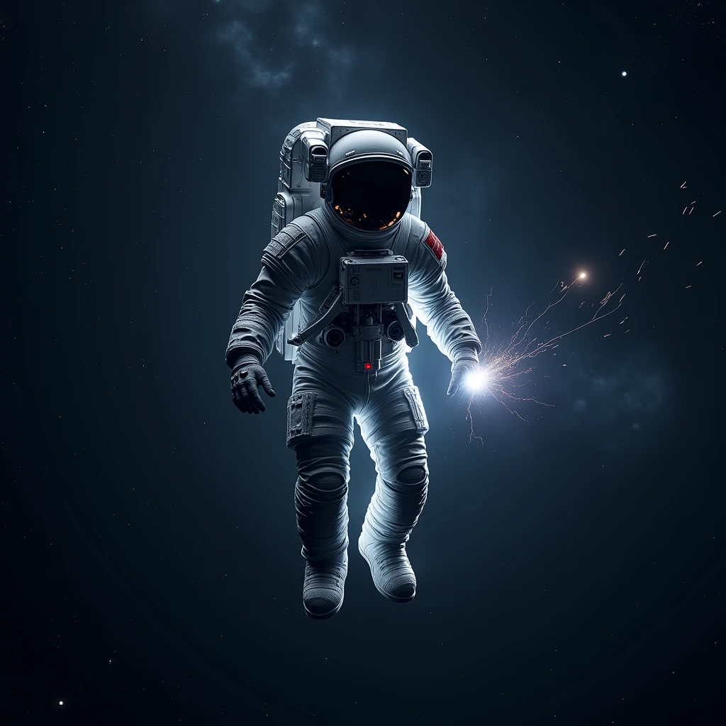 Astronaut floating in space.exterior , shines , Many stars , constellations , galaxies , a flash of light comes out of his suit