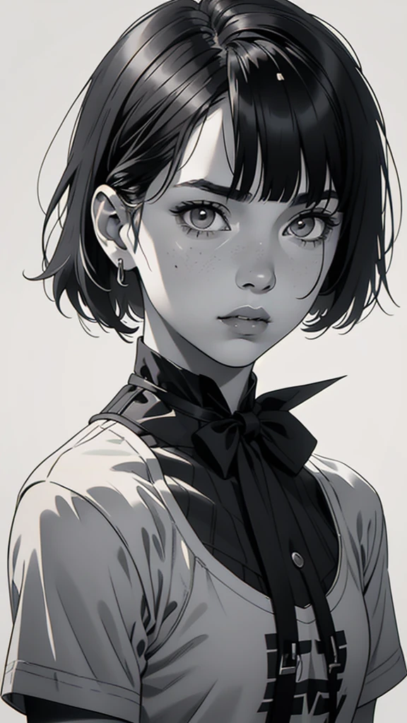 1 boyish girl, solo, sharp eyes, monochrome, greyscale, short black hair, portrait, white T-shirt, Thin eyebrows, closed mouth, looking at viewer, graphite \(medium\), detailed lips, hatching \(texture\), without makeup, bangs, upper body, (best illustration), (best quality), (very detailed), (masterpiece), expressionless,
