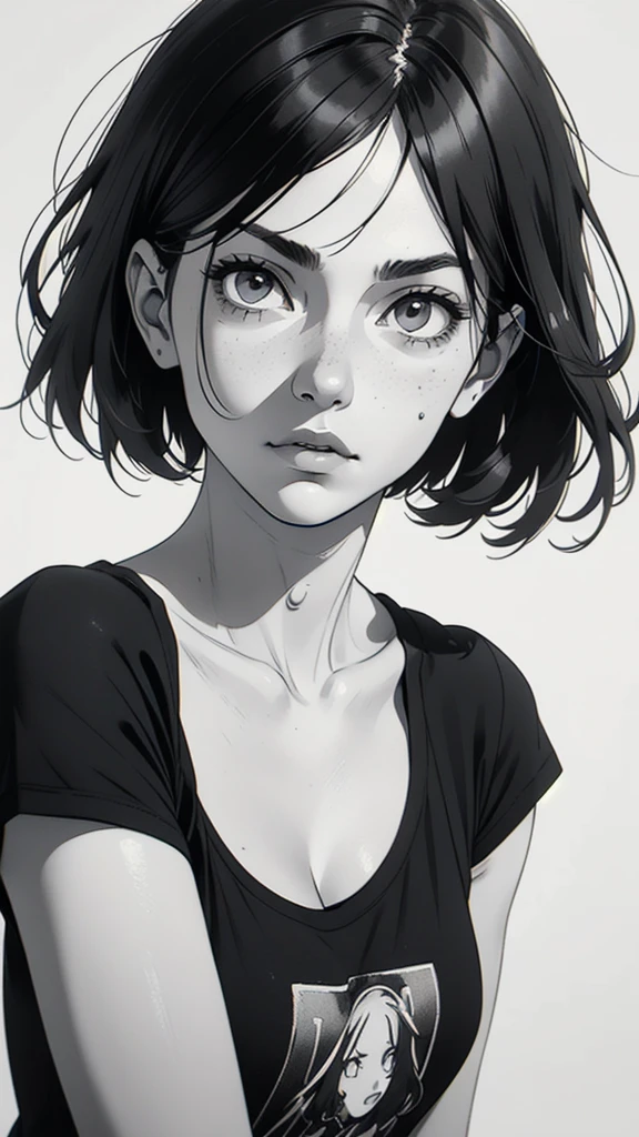 1 boyish girl, solo, sharp eyes, monochrome, greyscale, short black hair, portrait, white T-shirt, Thin eyebrows, closed mouth, looking at viewer, graphite \(medium\), detailed lips, hatching \(texture\), without makeup, bangs, upper body, (best illustration), (best quality), (very detailed), (masterpiece), expressionless,