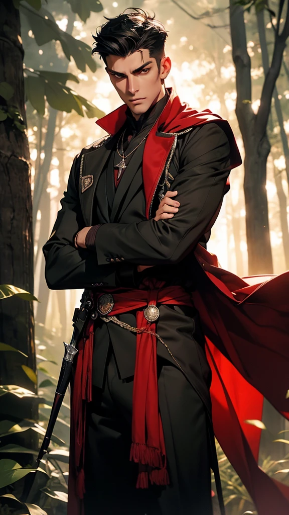 1 athletic, 20 year old handsome male, clean shaven, tall, evil, villain, rich, forest, aura, night, low lighting, fantasy, medieval, cunning, red pupils, long black hair, rich, Noble, fullbody, dark, dark skin, detailed face, high details, elegant, arms spread. smirking. reddish mist rising, wearing a black assassin creed suit.