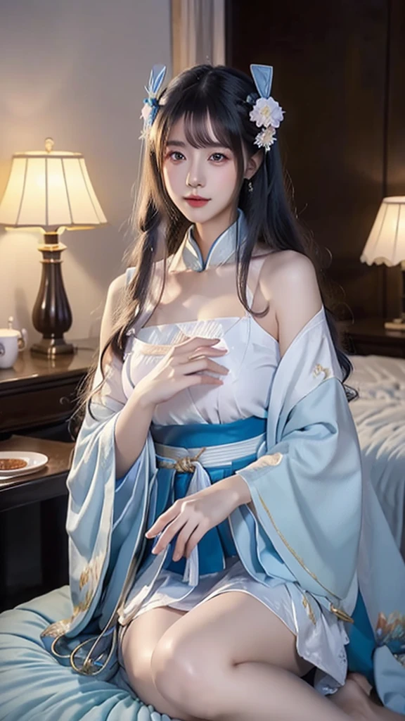 arafed woman in a blue kimono with flowers in her hair, palace ， a girl in hanfu, beautiful character painting, artwork in the style of guweiz, wearing ancient chinese clothes, beautiful digital artwork, beautiful alluring anime woman, wearing blue robe, hanfu, flowing magical robe, wearing a blue robe, artgerm. anime illustration araffe asian woman in white dress sitting on a bed, a character portrait by Lü Ji, trending on cg society, dau-al-set, white hanfu, hanfu, wearing long white robe