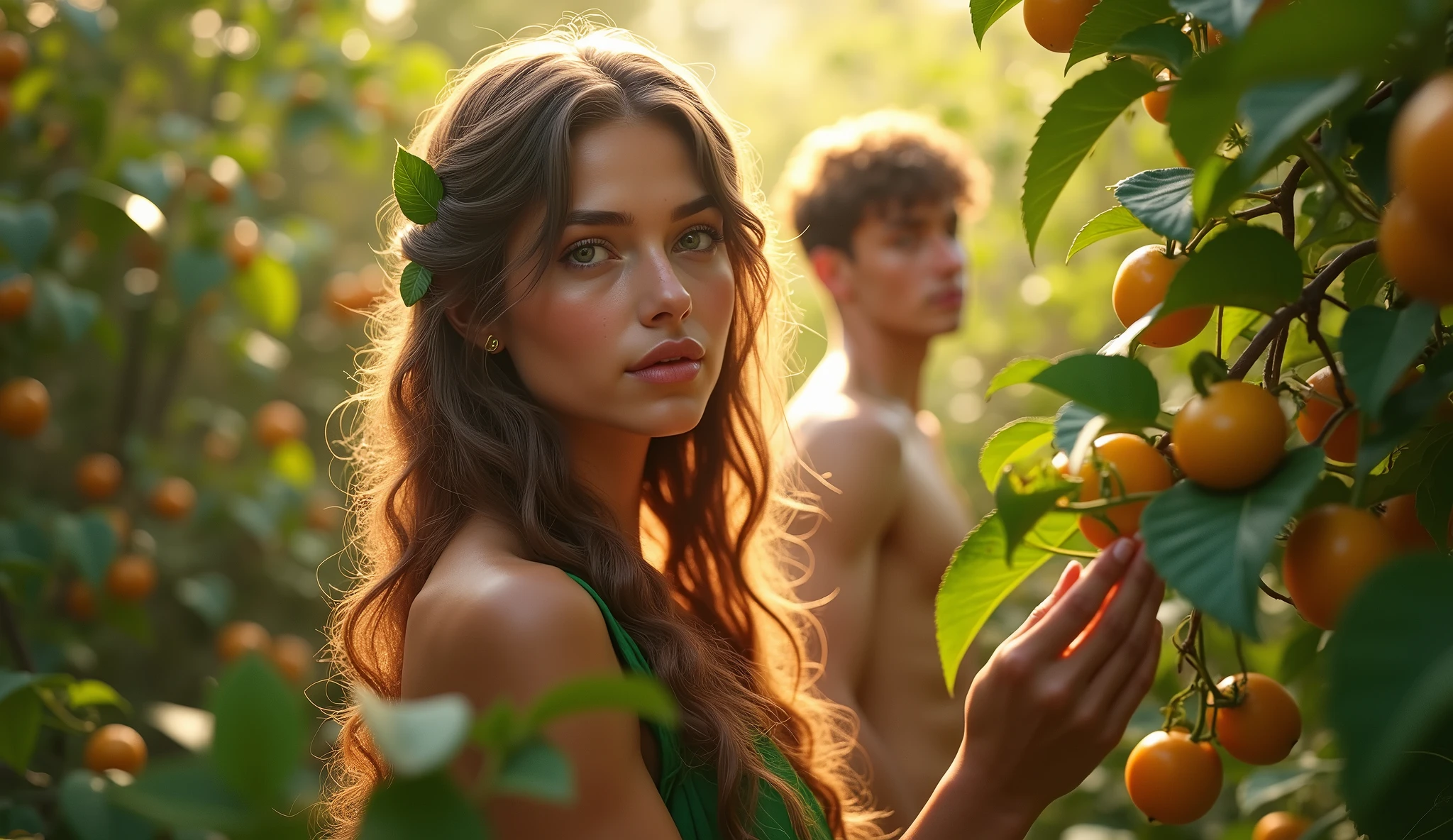 Descreva uma imagem de Eve's picking fruits from the trees in the enchanting garden of Eden away from Adam. Adam is in his 20s, short curl light brown 7" hair, green eyes. Eve is in her mid 20s, emerald color eyes, extremey beautiful, long light brown hair, dressed in leaves. emanating a divine aura and looking directly into the camera with a penetrating and compassionate gaze. The scene around him radiates a sense of serenity and transcendence, com cores suaves e uma atmosfera celestial. Highlight the details of the expression on your face, the sparkle in your eyes and the sense of peace and grace that your presence radiates in this sacred moment, 32K UHD, Style Raw, Afternoon sun, warm tone, cinematic