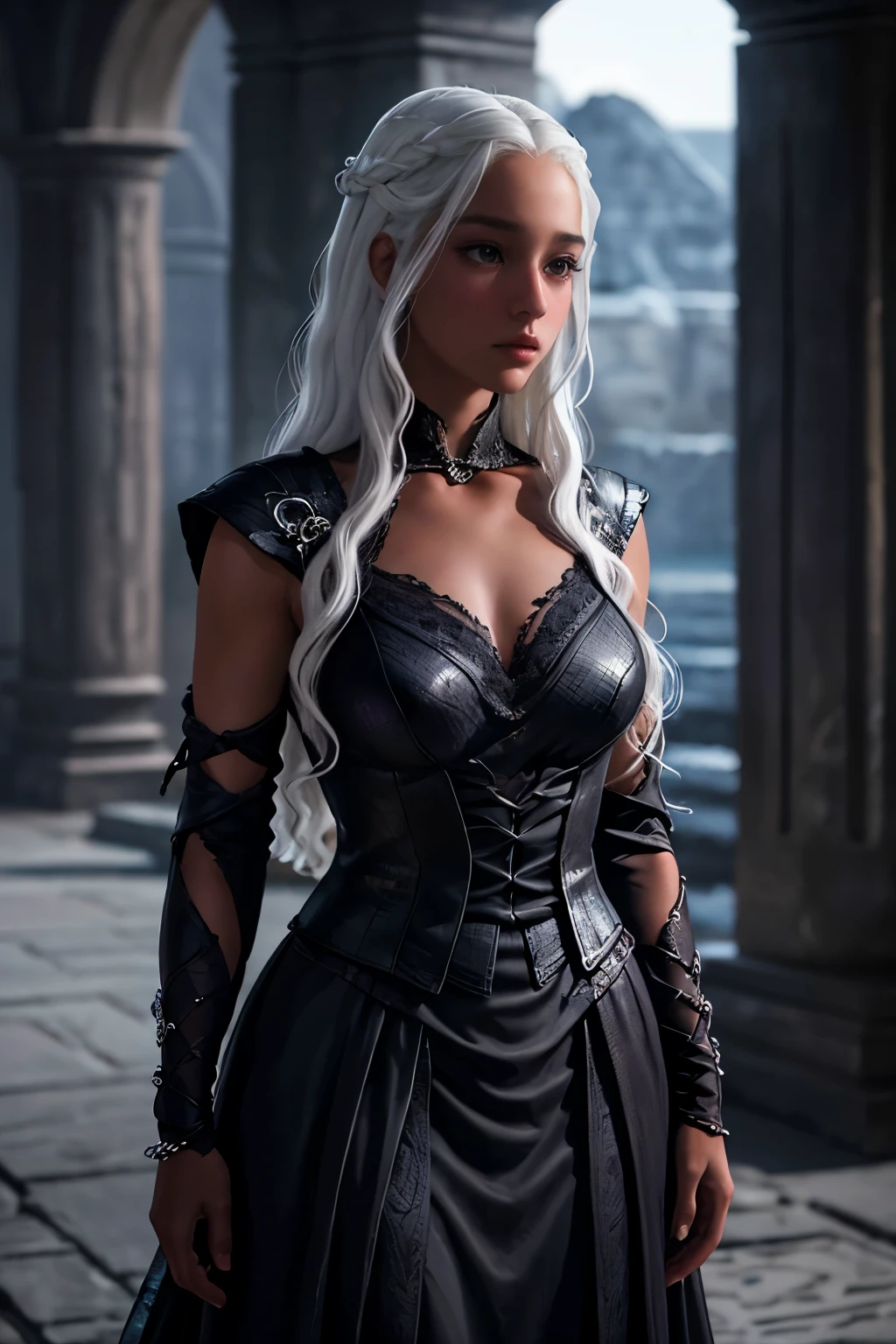 Beautiful, woman, 25, brown skin, purple eyes, black dress, Long Hair, Solo, Hair Ornament, Jewelry, High Resolution, Masterpiece, Accurate, Anatomically Correct, Best Quality, White Hair, Game of Thrones, Targaryen,