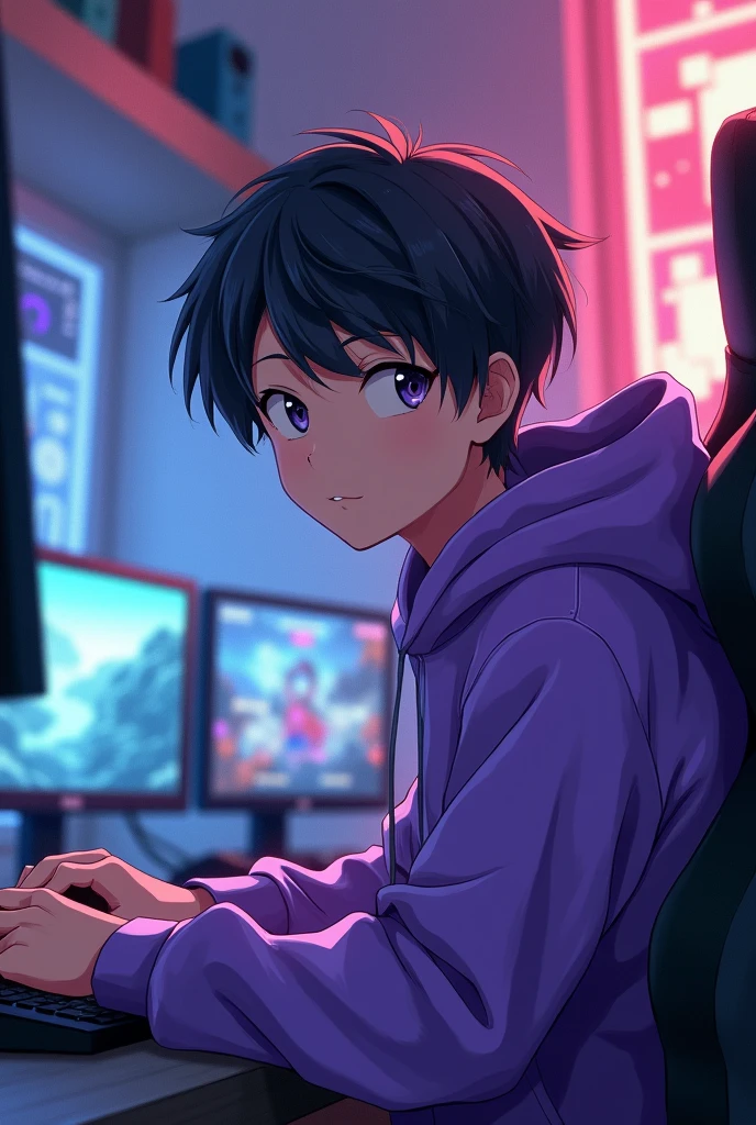 A anime boy in purple huddy in a gaming studio