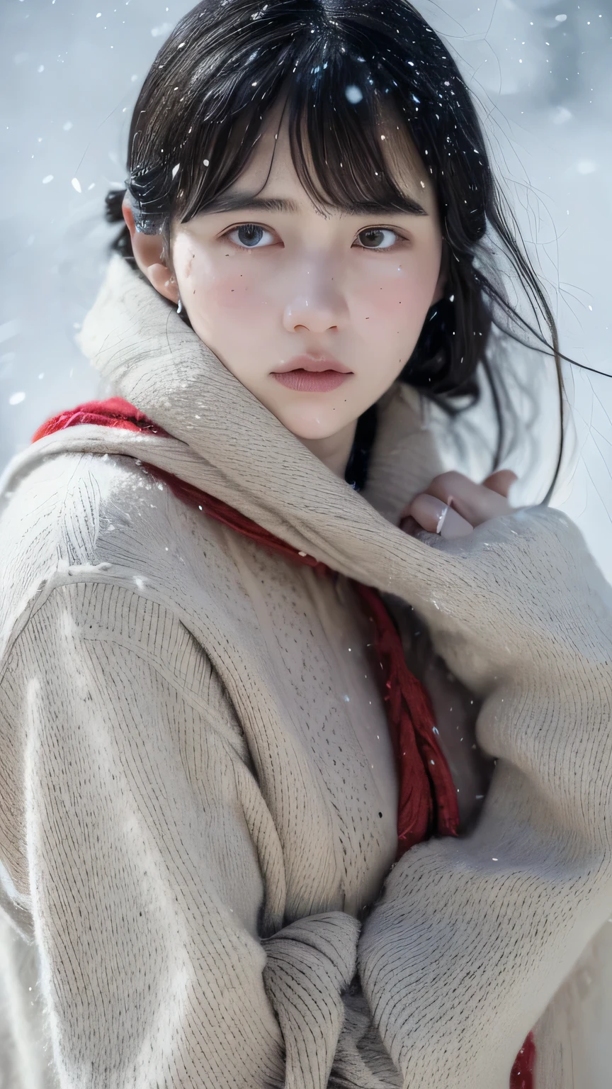 (8k, best quality, masterpiece, ultra highres:1.2) Photo of Pretty Japanese woman in the (style of paul rubens and rebecca guay:1.1) (melancholy winter snow:1.4)