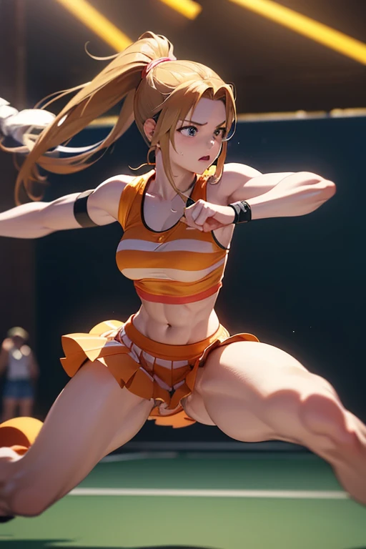 Striped undressed Final Fantasy VII Aerith covered in orange slime A female tennis player wearing pink striped uniform, swinging bat with full force, detailed facial features, muscular body, dynamic action pose, cinematic lighting, golden hour lighting, dramatic shadows, photorealistic, hyperrealistic, 8k, best quality, masterpiece, ultra-detailed, highly detailed, vivid colors, volumetric lighting, depth of field, motion blur, cinematic composition