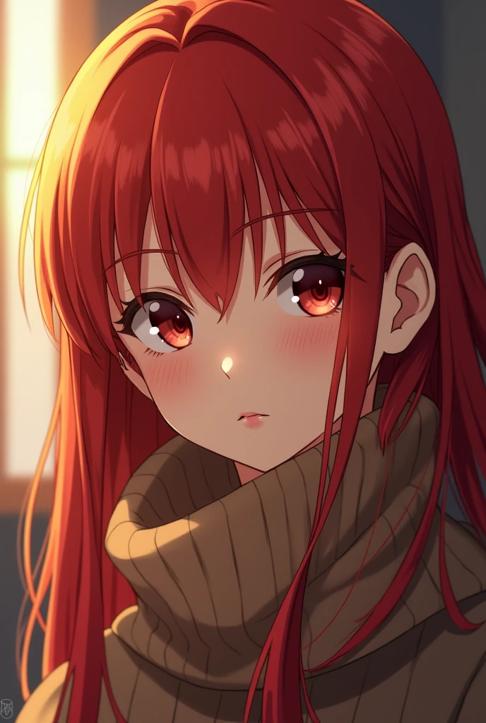 an anime girl, redhead with smooth, soft forehead and bright red eyes,with a serious look,with warm clothes