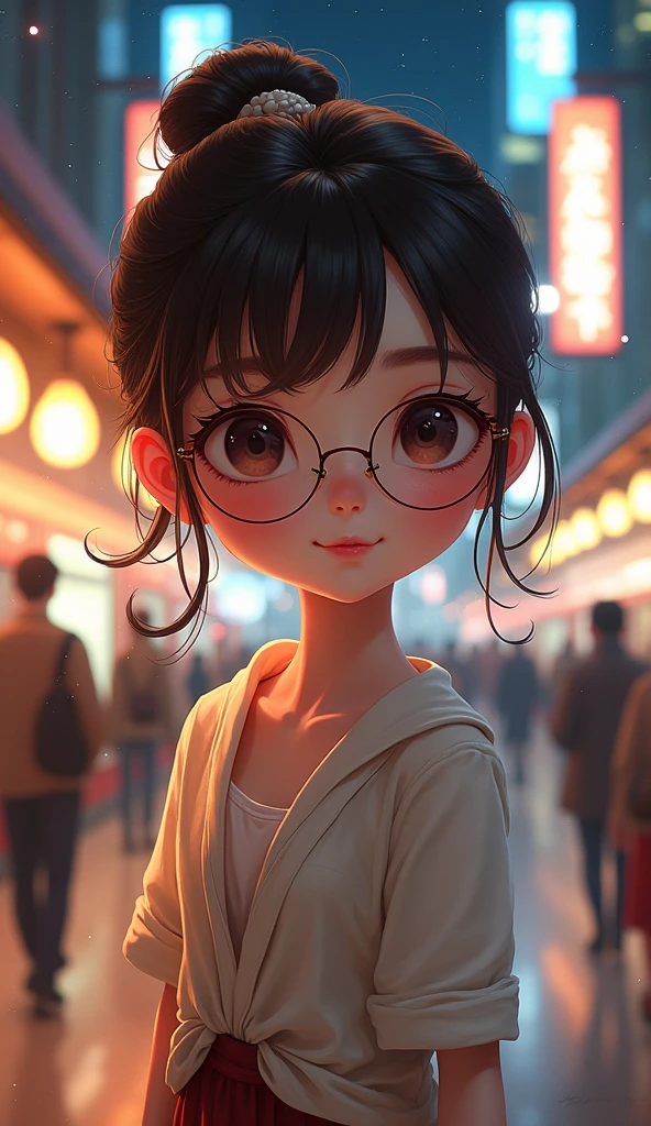 Chibi model is a beautiful doll with 1 girl's specs. (Best quality RAW images), (Realistic, realistic images:1.4), Masterpiece, Very delicate and beautiful, 2k Wallpapers, Amazing, Detailed Details, วอลเปเปอร์ CG unity 8k, Ultra-fine wallpaper, Hi-res, soft light, Beautiful and delicate girl, The eyes and face are very detailed., Wear glasses, Megan, Beautiful, fine nose, Beautiful details, eyes, cinematic lighting, perfect anatomy, sexy, dynamic pose, slim figure, smiling city lights at night, at a Tokyo train station. (bokeh:1.3) สวมเสื้อและกระโปรง ปิดไหล่ ตั้งศูนย์กลาง สมมาตร ทาสี ซับซ้อน แสงเชิงปริมาตร สวยงาม สีสันลึกที่อุดมไปด้วย โฟกัสที่คมชัด รายละเอียดเป็นพิเศษ ในสไตล์ของแดนมัมฟอร์ดและมาร์ก ซิโมเนตตี้ การถ่ายภาพดาราศาสตร์ ผลกระจกแตก ไม่มีพื้นหลัง สวยงาม บางสิ่งที่ไม่มีอยู่จริง ความเป็นตํานาน พลังงาน โมเลกุล พื้นผิว เครื่องชั่งแสงและส่องสว่าง ความงามที่Amazing ความสมบูรณ์แบบที่บริสุทธิ์ การปรากฏตัวของพระเจ้าที่น่าจดจํา น่าประทับใจ ความงามที่Amazing แสงเชิงปริมาตร ออร่า รังสี สีสันสดใสสะท้อนให้เห็น