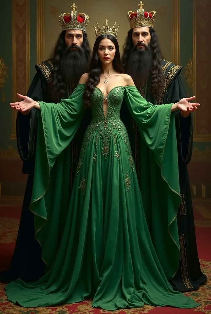 make a picture of rasputin's daughter with green eyes and long wavy black hair about being crowned princess in a gorgeous green winged dress by her father rasputin