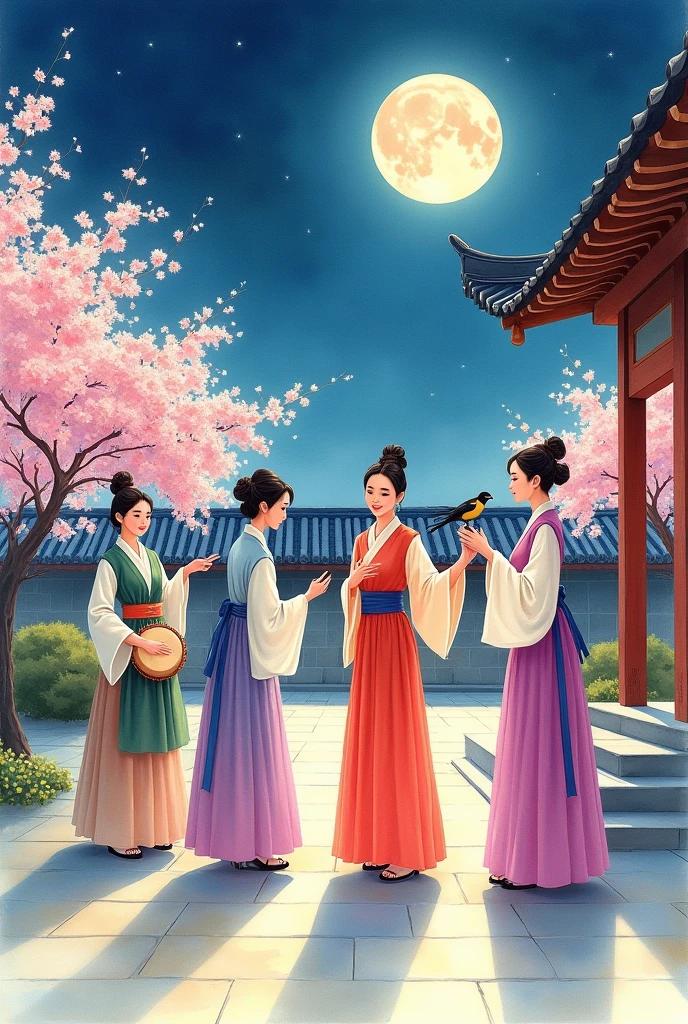 A detailed watercolor illustration of four Korean women in hanbok, sitting in a traditional Korean courtyard with a tiled roof. The first woman plays a drum, the second dances gracefully, and the third feeds a magpie. Fourth standing by them and Cherry blossoms bloom in the background, and a full moon hangs in the sky.