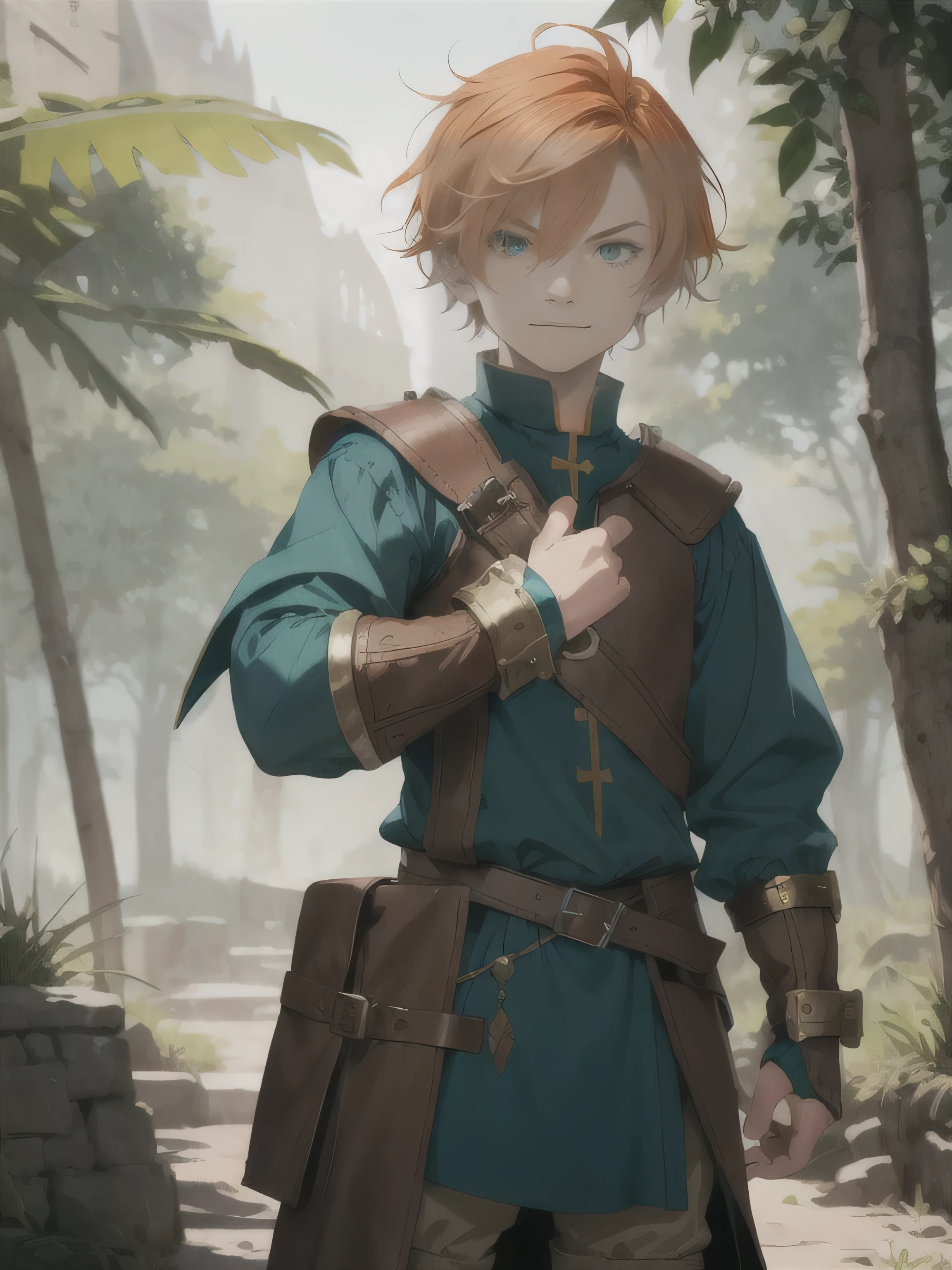 "Design a medieval fantasy young boy with short, slightly tousled orange hair. He has bright, energetic green eyes and a mischievous grin. His outfit consists of a blue and brown medieval tunic with leather straps and accents, paired with brown trousers and sturdy leather boots. He carries a small sword at his side, giving off an adventurous and bold vibe. His posture is confident, and his expression is full of enthusiasm and curiosity, ready for action. The design should blend medieval clothing elements with a hint of fantasy, reflecting his playful yet determined personality. background is a forest