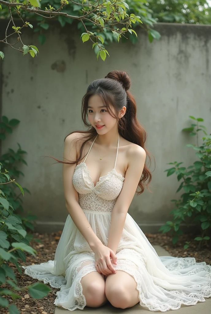 (Highest quality:1.4),(masterpiece:1.4),(Realistic:1.4),(Realistic:1.2),(超High resolution, RAW Photos:1.4),(High resolution, Very detailed:1.2),(8k:1.2),photograph,(Shot from behind:1.3)、Korean women、brown hair photos,One Woman,alone,(In underwear),Very large breasts,((Thigh to head shot:1.3))、(((topless、You can see her large breasts from the side.)))、((Toothy smile))、((Very large breasts:1.4))、Realistic skin textures、Slightly freckled、Slender figure、Realistic skin textures、((background,Concrete wall:1.3)),(topless,The breast is visible from the side:1.6),(Long lace slip,White)、3 woman、The angle at which the nipple is not visible、((Updo long hairstyle))、((Black,Long lace slip:1.4))、Correct toes、Detailed facial features、Long slip covers the buttocks and soles of the feet、Long slip covers your butt、