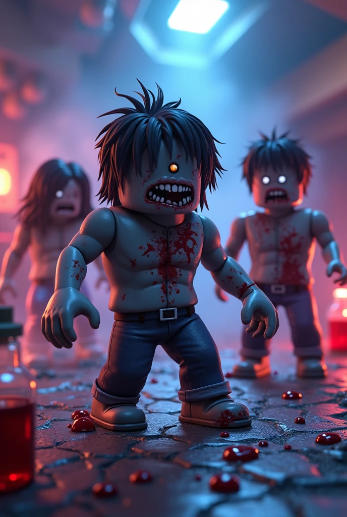 I WANT A ROBLOX GAME WALLPAPER WITH A SCENARIO SET IN THE GAME WHERE THE CHARACTERS ARE EXPERIMENTING MAGIC POTIONS AND TURNING INTO ZOMBIES IMAGE PROPORTION 16:9 ULTRA hd