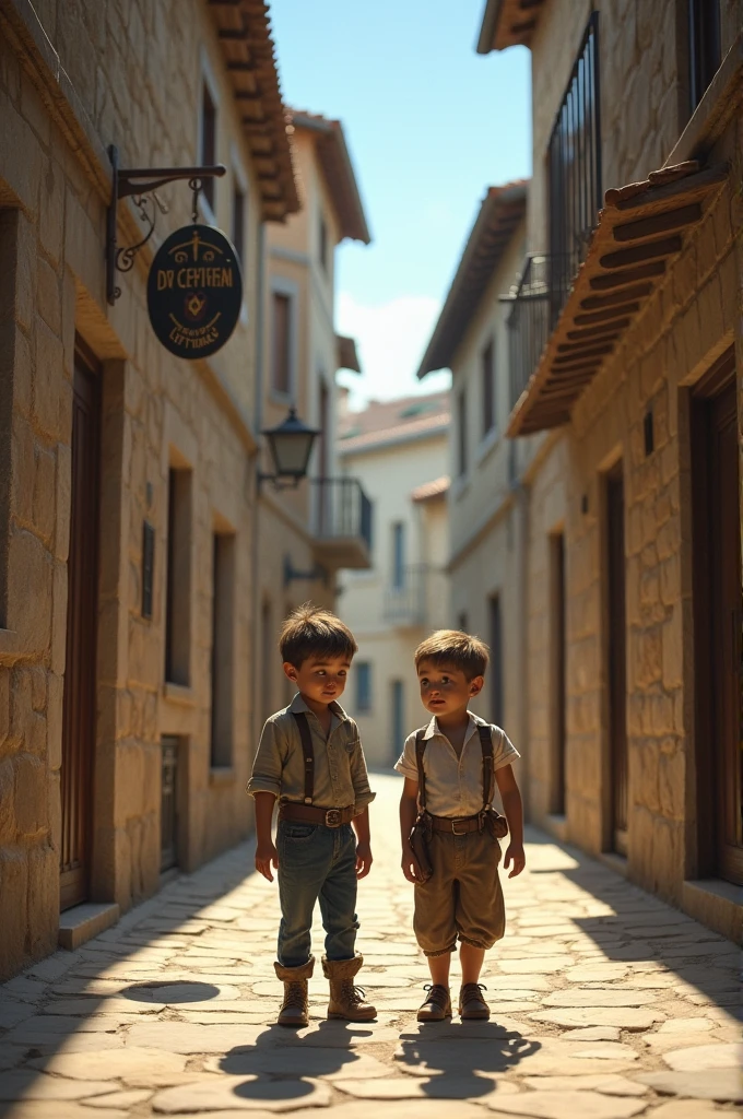 Two boys standing in a street with some stone 