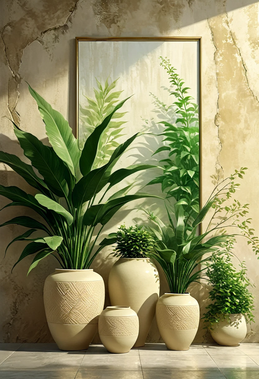 There are multiple textured matte beige ceramics of different heights and shapes in front of the sunny wall in the fresh morning (master art work)There is a green plant on it. Jianfu style art style high resolution image. Surreal texture high resolution., Digital painting, Delicate