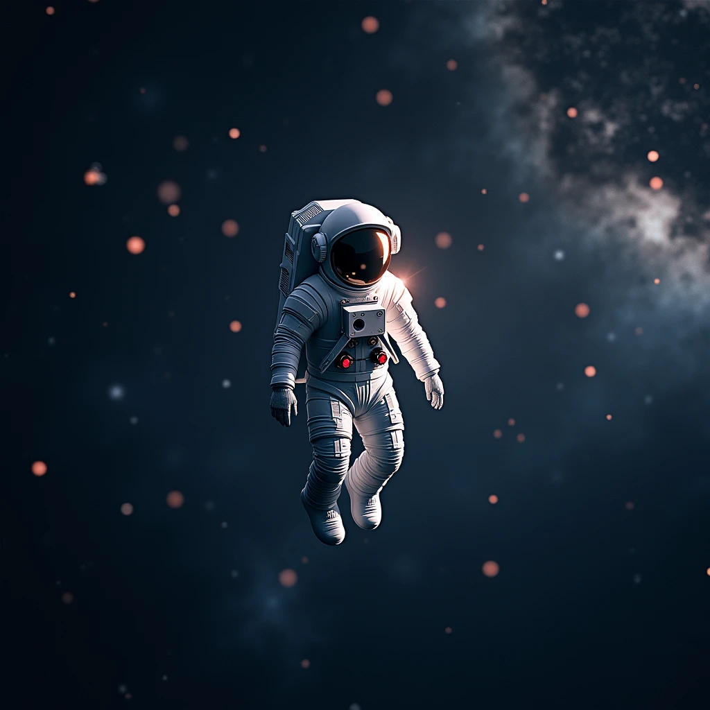 Astronaut floating in space.exterior , shines , Many stars , constellations , galaxies , a flash of light comes out of his suit 