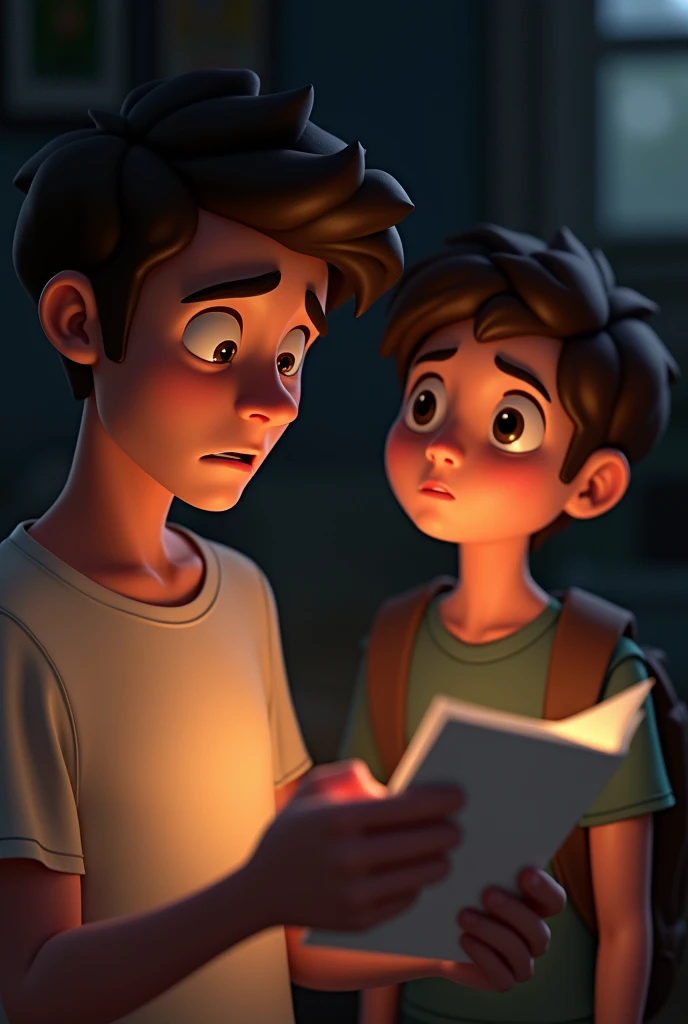 3. Sam Reads the Note
Image: A close-up of Sam holding the note with a concerned expression. Max is looking up at Sam with a worried face.
Details: Soft lighting to emphasize Sam's concern and the note’s message.