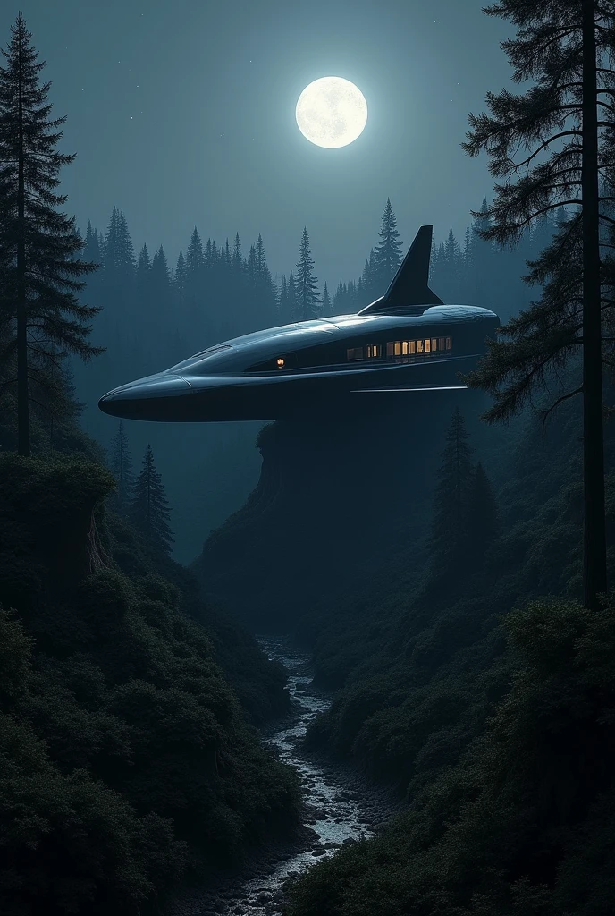 big black color aeroplane shaped mansion in the middle of the forest at night