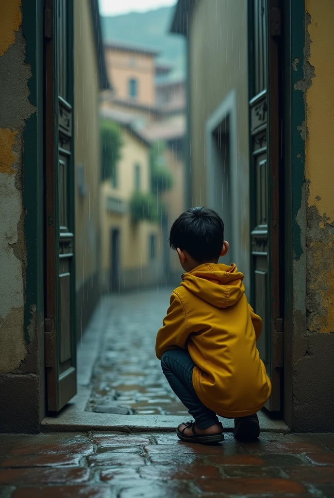 indigenous boy in a yellow jacket with the hood half up crouches sadly as he looks out at the street from the entrance of his house in Italy while it rains